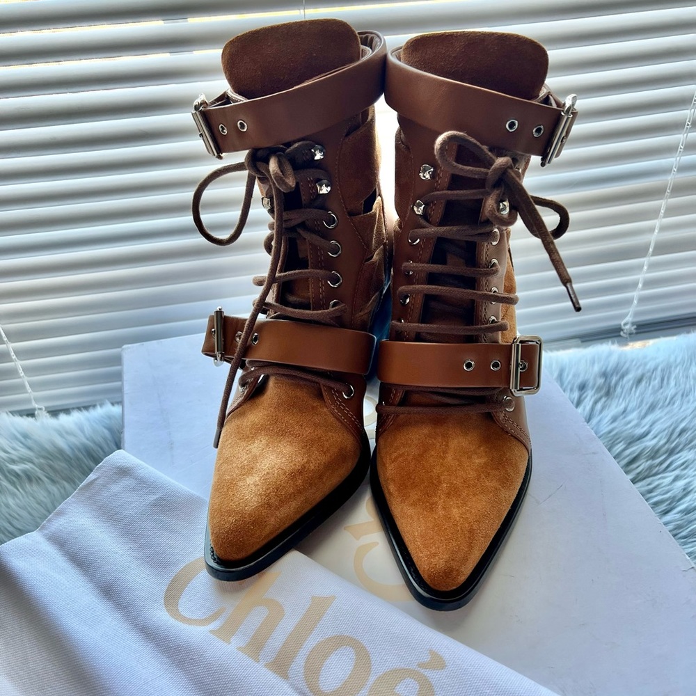 Chloé Suede Ankle Lace-Up Boots, Pointed-Toes, Block Heels, Lace-Up Closure